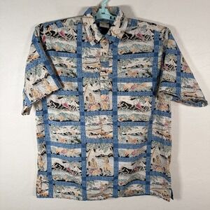 Go Barefoot Shirt Mens Large‎ Blue Hawaiian Popover Camp Island Tropical Tribe